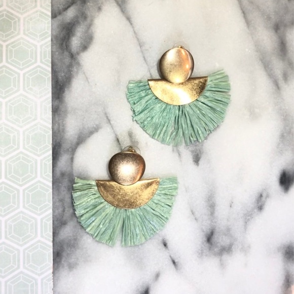 Jewelry - Gold Raffia Earrings in Mint Green